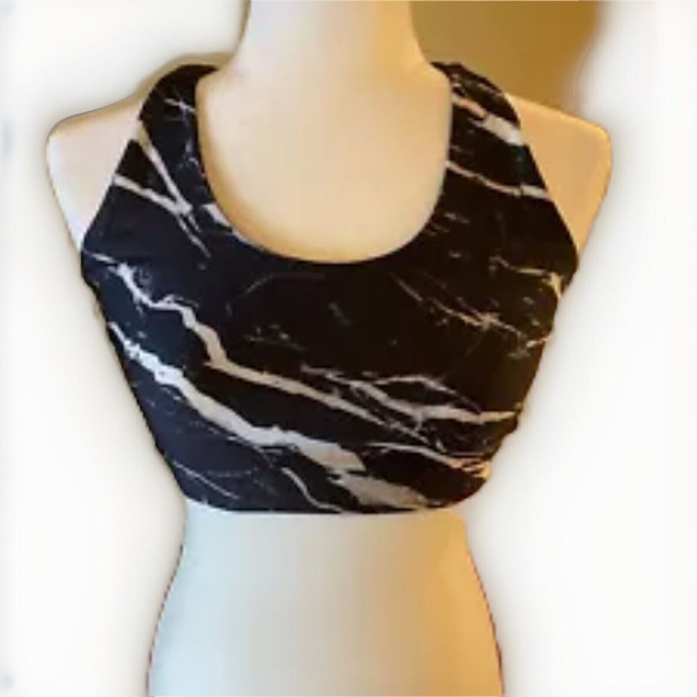 TEREZ Size Medium Sports Bra Black White Marble Racerback Stretch‎ Scoop-Neck - Picture 2 of 7